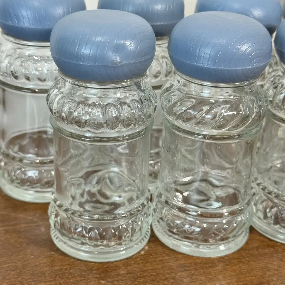 Set of 7 Vintage Clear Glass Shakers with Country Blue Plastic Caps Spice Salt